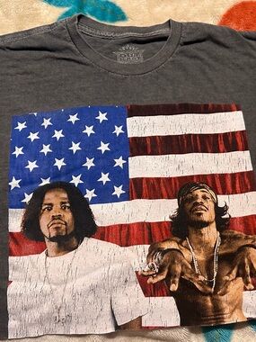 Cropped OutKast Crew Neck T-Shirt with American Flag Print, Size Small
